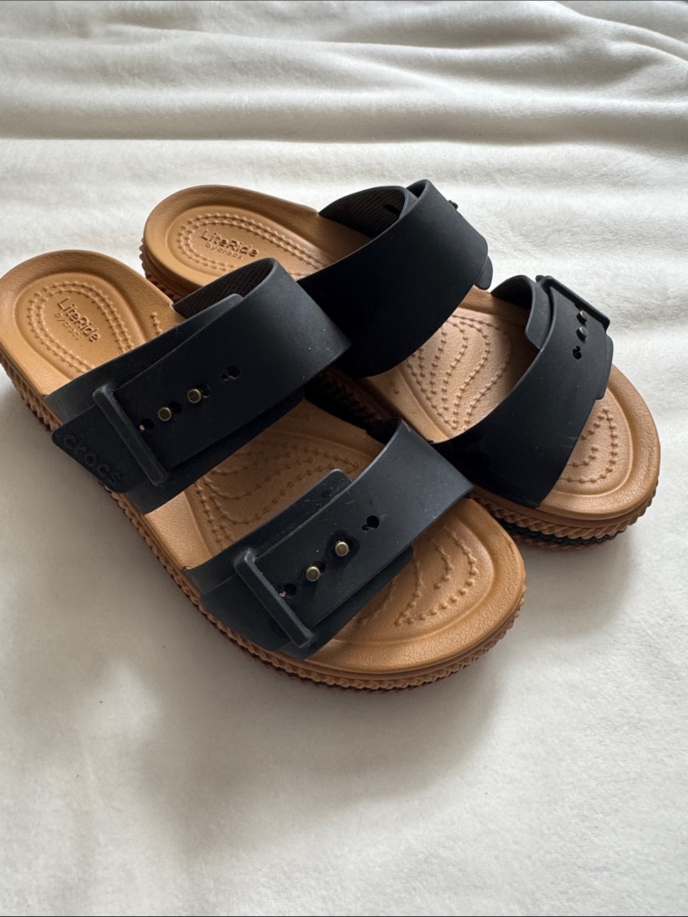 LiteRide by Crocs Black Double Strap Slide Sandals with Tan Footbed